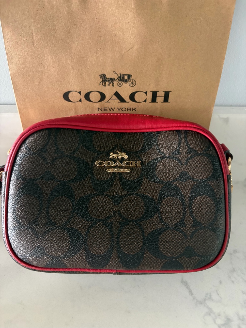 Coach Brown Signature Crossbody with Red Trim